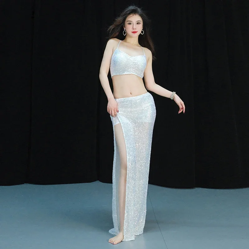 Ensemble de costumes de danse du ventre pour femmes, haut et jupe d'été, débardeur à paillettes pour adultes, vêtements d'entraînement sur scène