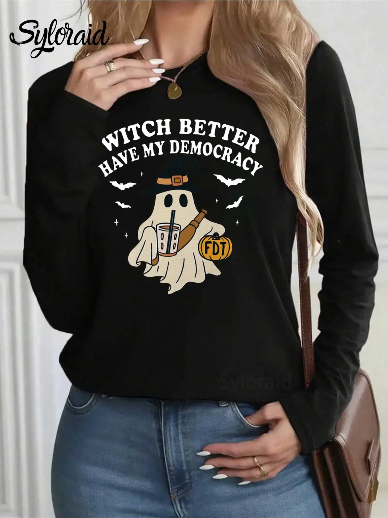 تي شيرت نسائي بأكمام طويلة، تي شيرت Witch Better Have My Democracy Print تي شيرت عصري برقبة دائرية كاجوال لجميع المواسم #2
