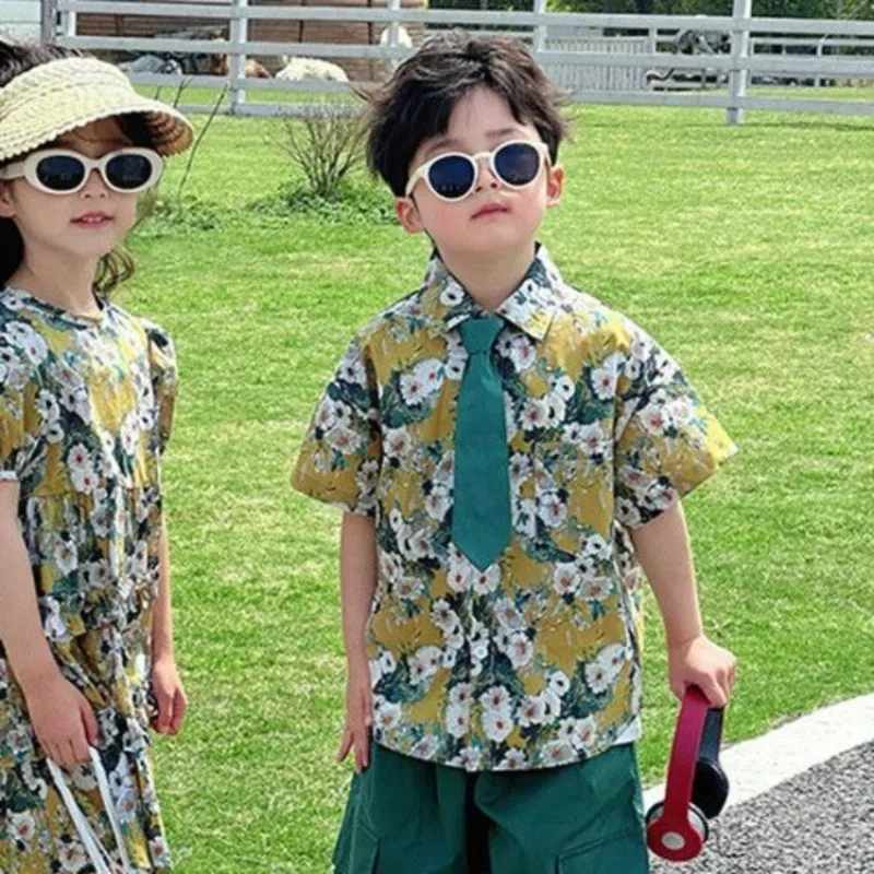 Vintage Floral Short Sleeve Shirt for Boys Kids Children's Day Performance Costume Summer Resort Vacation Wear Cotton Blend