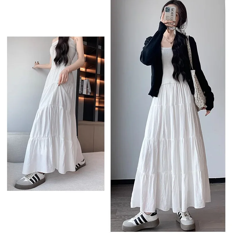 2026 New Spring Women's White Tiered Cake Skirt High Waist Slimming A-Line Flowy Pleated Maxi Skirt Petite Casual Fashion Skirt