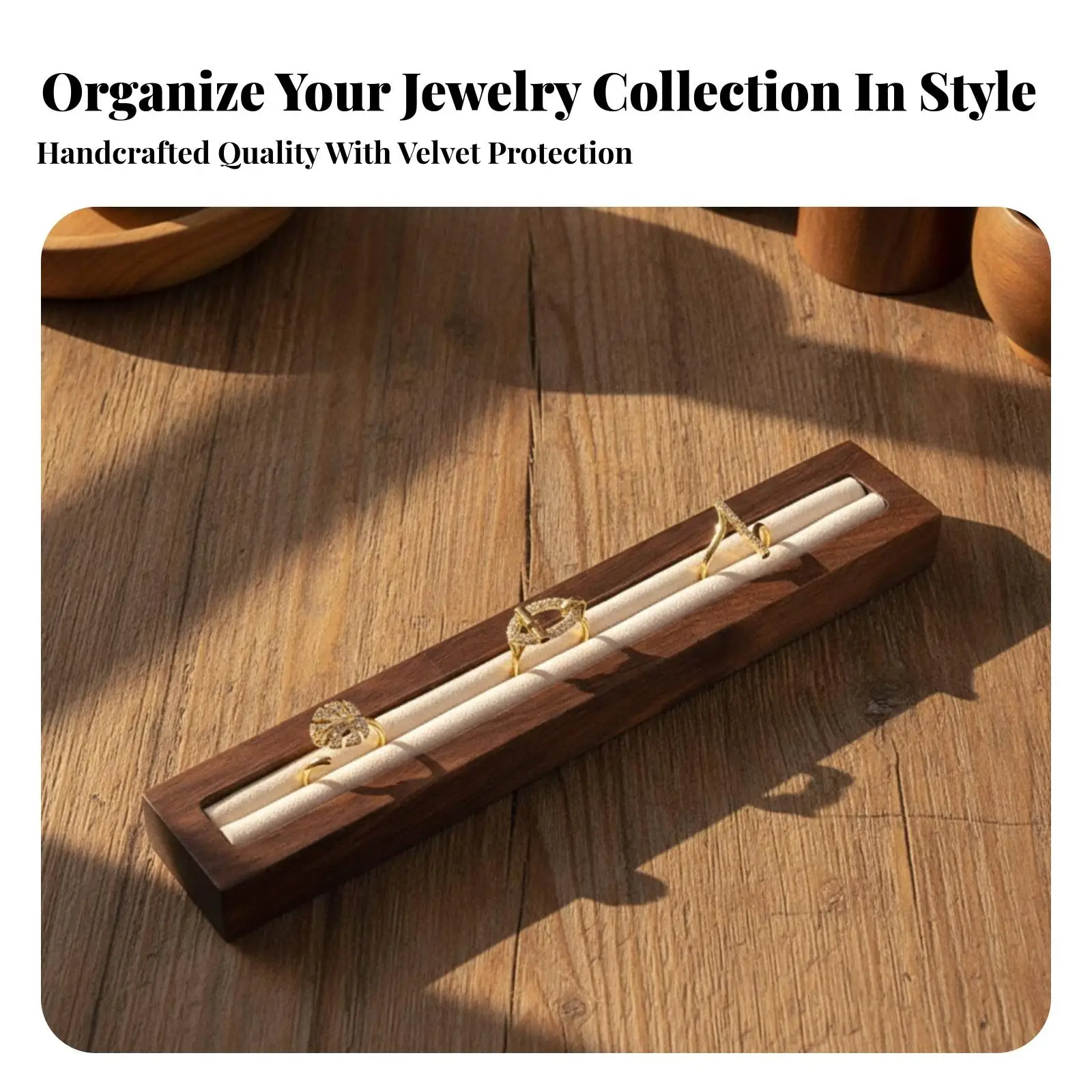 Wooden Ring Tray Jewelry Display Stand for Dressing Table Flocked Interior Compact Storage Box