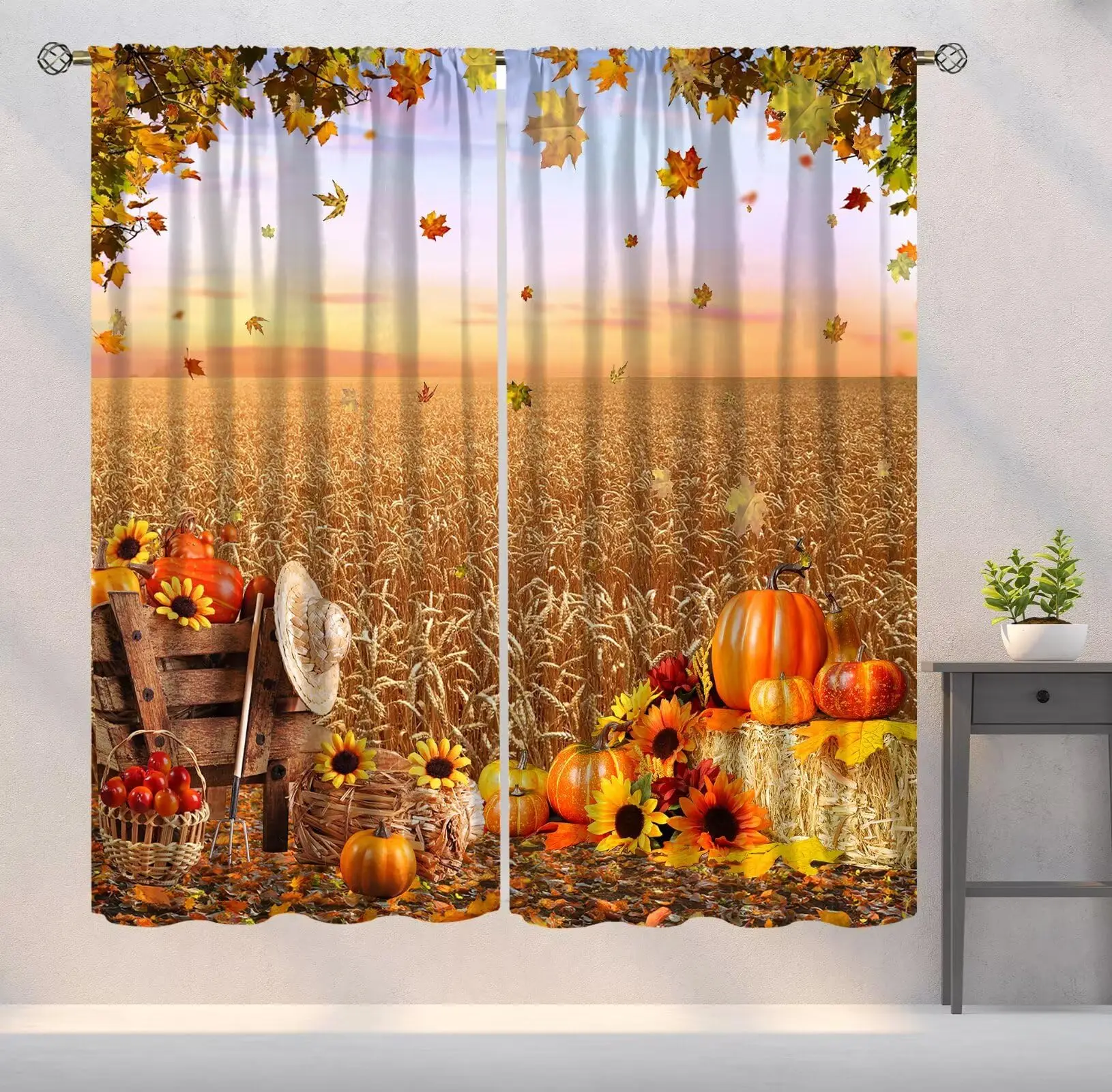 Fall Scenery Curtain,Autumn Landscape Field Pumpkin Maple Leaves Art Printed Window Drapes for Bedroom Living Room Kitchen Decor
