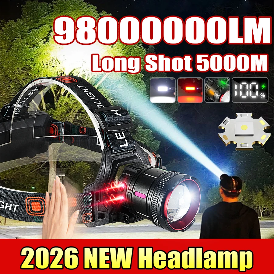 

НОВЫЙ Мощный налобный фонарь с датчиком движения, 9800000 лм, ультраяркий, с сильным светом, дальность 5000 м, перезаряжаемый, для рыбалки