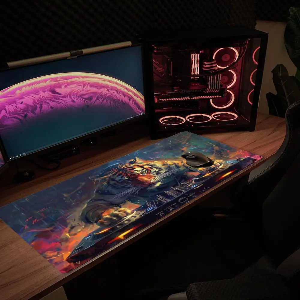 XXL Large Gaming Mouse Pad DJ Orc Tiger Neon Painted Lady Print Anti Slip Rubber Desk Mat Keyboard Pad For PC Laptop Gaming Desk