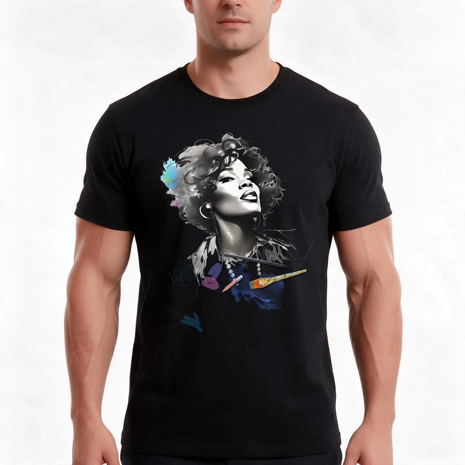 Whitney Houston in Sketch T-Shirt, Summer Casual Cotton Tee, Oversized Streetwear Tops, Vintage Graphic Print, Unisex Men Women