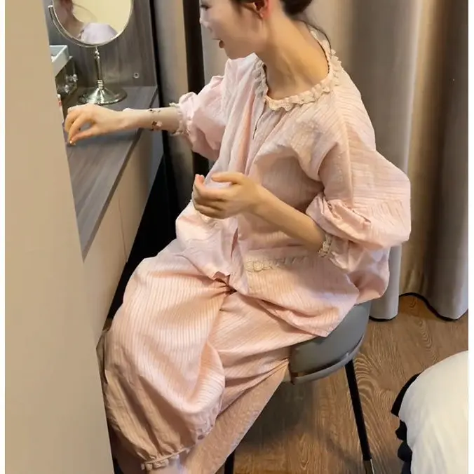 100% Cotton Women's Pajama Set, Long Sleeve Korean Style Homewear Spring Autumn Ideal Students Maternity Use Summer and Winter