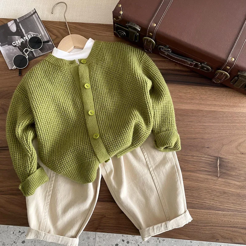 Girl's Sweater Children Lazy Style Long Knitted Sweater Coat Solid Color Loose Single-breasted Cardigan Mid-length Sweater Coat