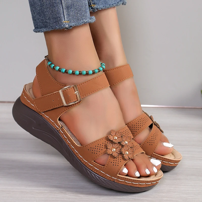 Lucyever-Sandalias de cuña con hebilla en el tobillo para mujer, Sandalias de plataforma con flores Vintage, antideslizantes, de fondo suave,
