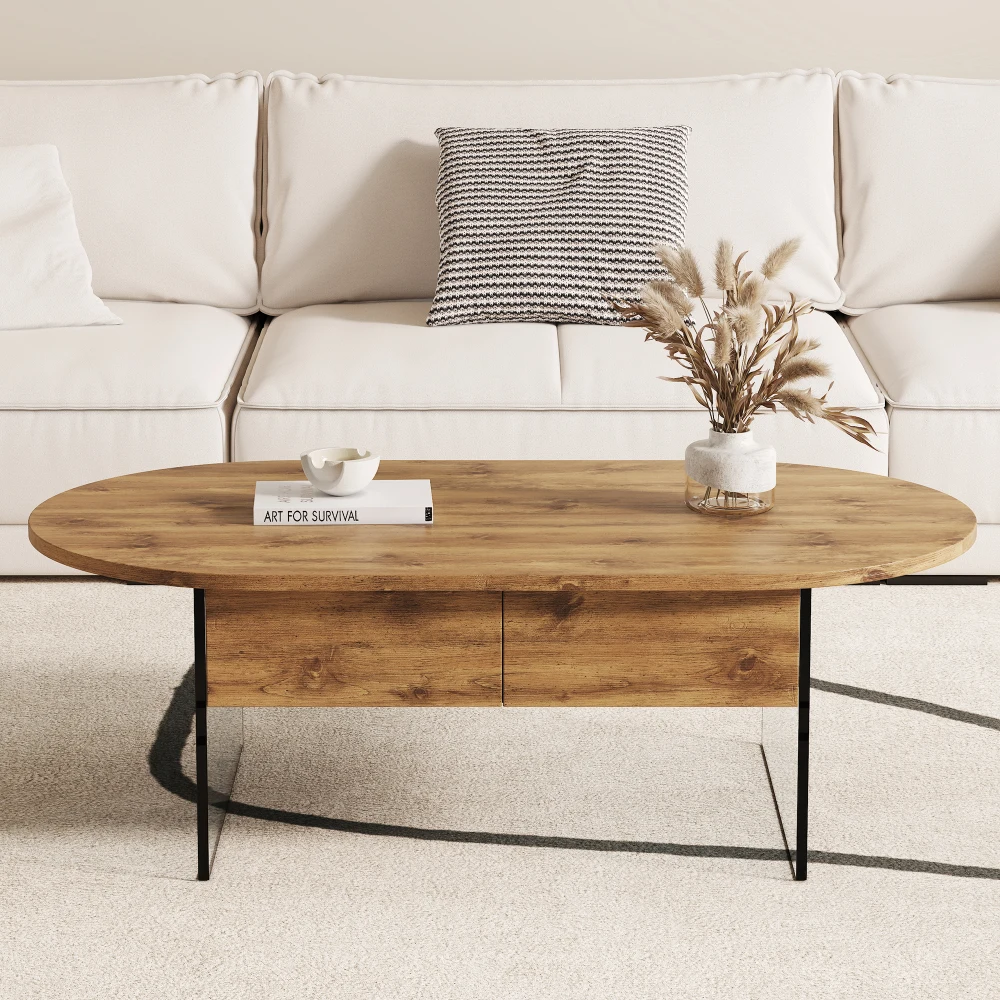 Cozy Natural Oval Double Drawer Coffee Table - 43.3"x23.6" Multi-Functional Design.Coffee table with double drawers.
