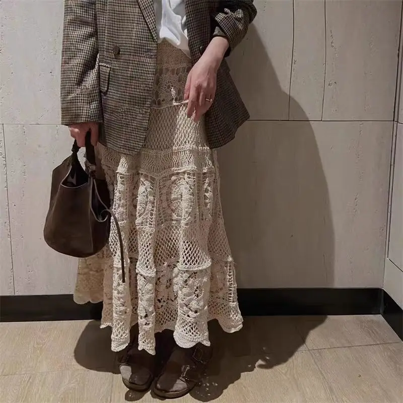 2025 Crochet Long Semi Skirt Women Lace Version of Gentle Heavy Industry Retro Hollow Design Elastic Knitted  A-shaped