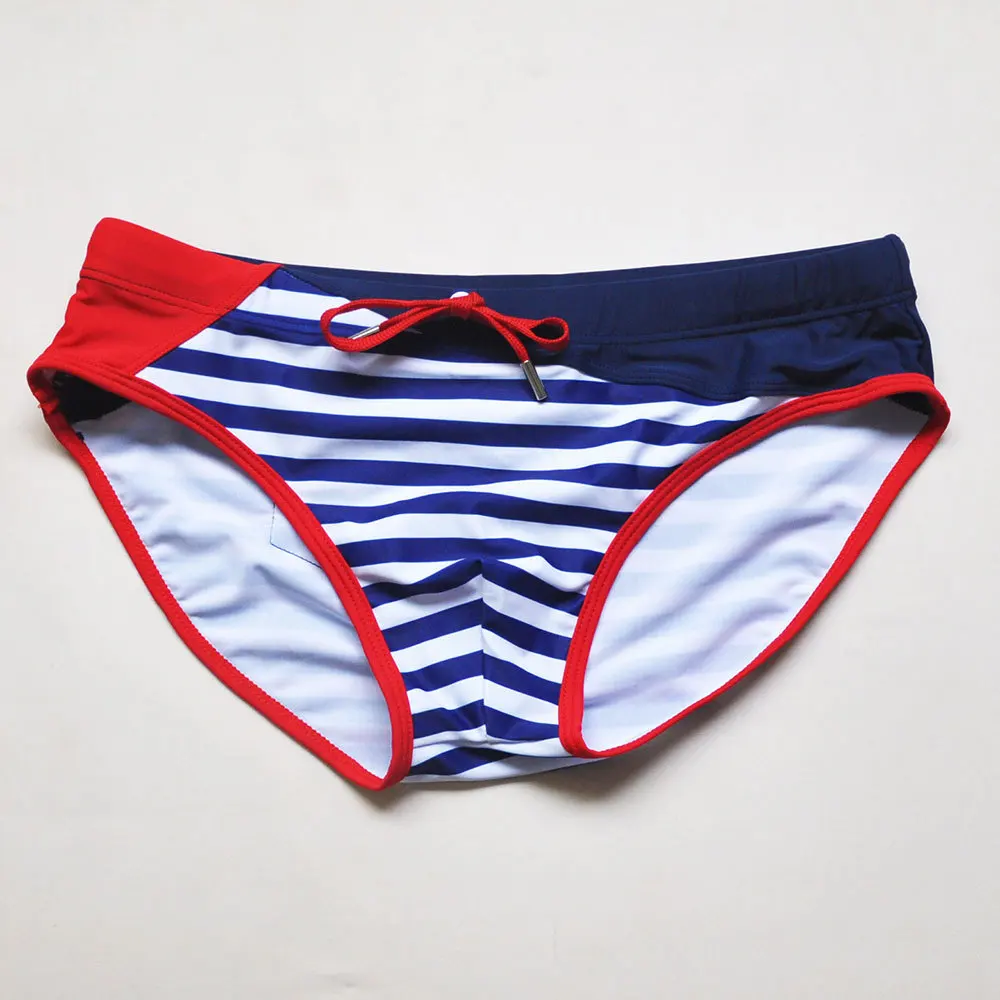 Men Swimsuit with Pockets Sexy Striped Swim Briefs Beach Shorts Swimwear Swimming Trunk Summer Padded Push Up Male Zwembroek