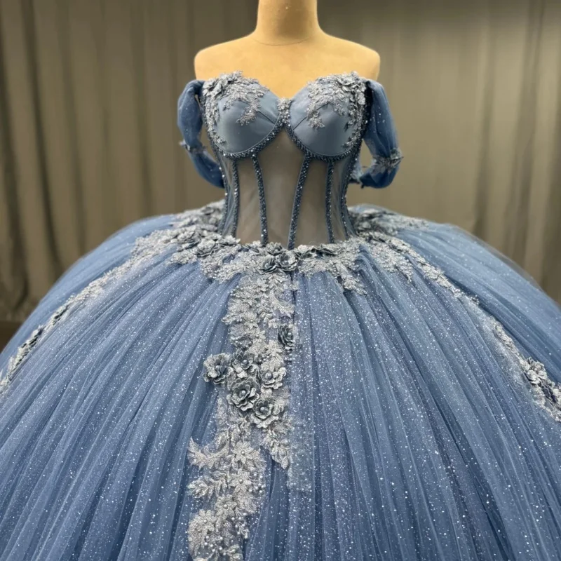 

Shiny haze blue Quinceanera Dress off-shoulder 3D flower Decal Lace layering Long tail vestidos de 15 Quinceanera ﻿Customize