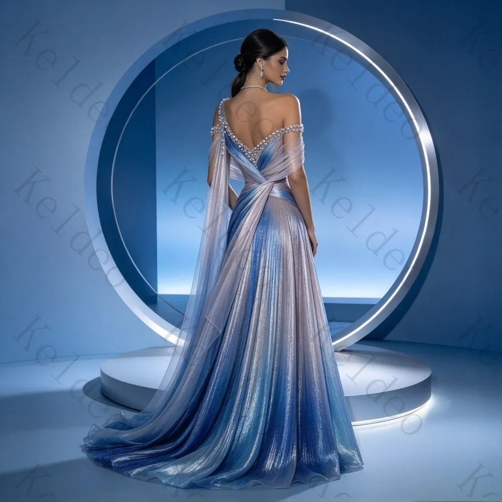 Customized Blue Silver Gradient Off Shoulder Mermaid Evening Dress Draped Pleated Glitter Fabric Cape Sleeve Sweep Pageant Prom