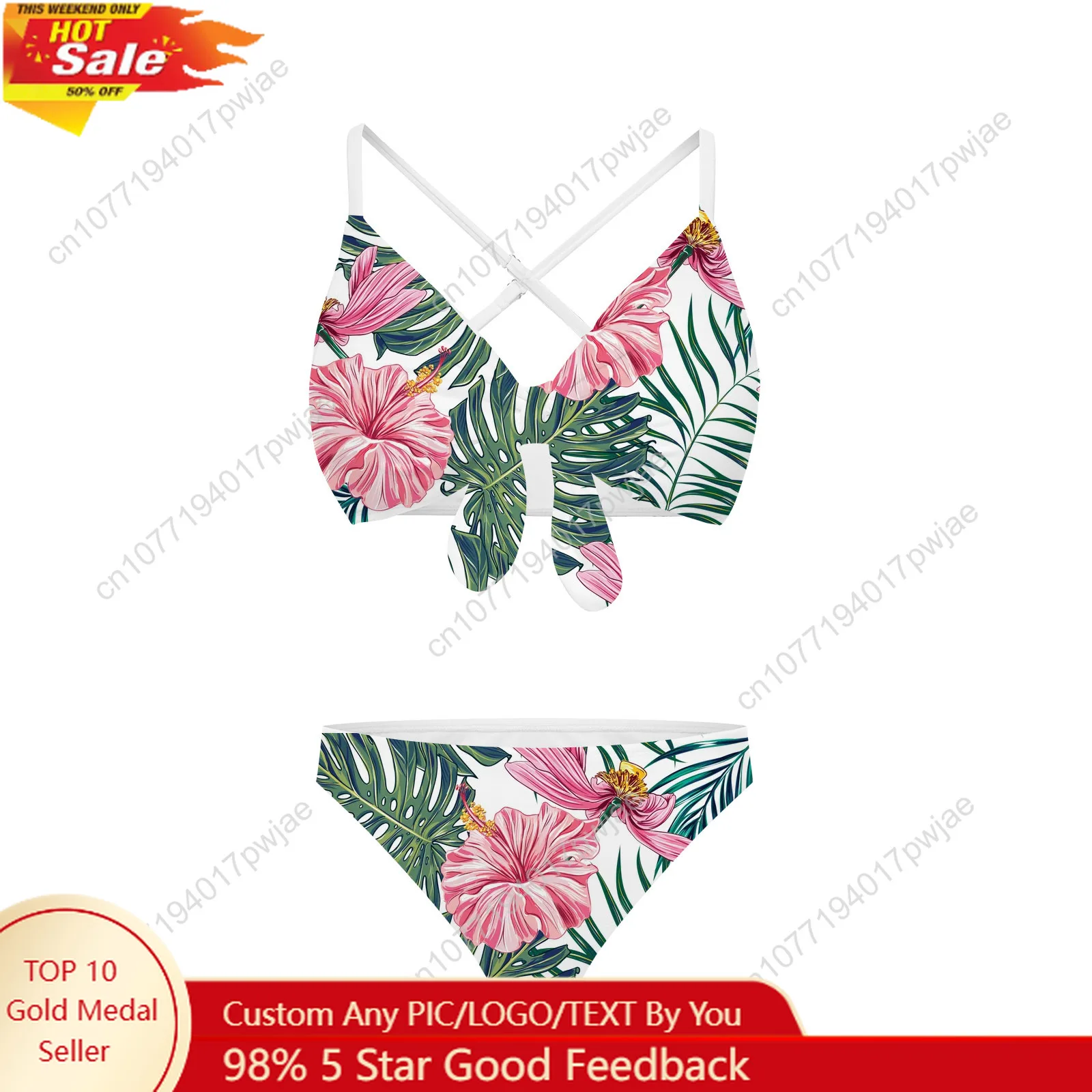 

Green Plant Print Pattern Bathing Suits Cross Strap Suspenders Swimsuits Womens Bikini Pool Beach Swimwear Customized Beachwear