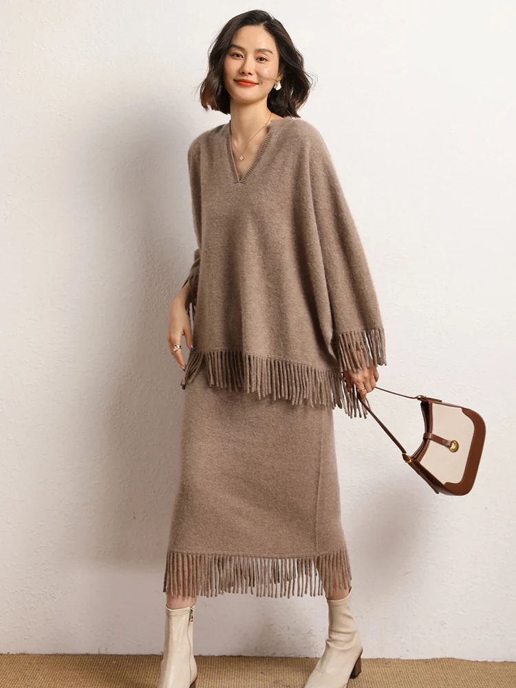 Women's 100% Cashmere Skirt Spring Autumn Winter Luxury A-line tassel Skirt Cashmere Knit Skirt Grace Style Office Lady Skirts