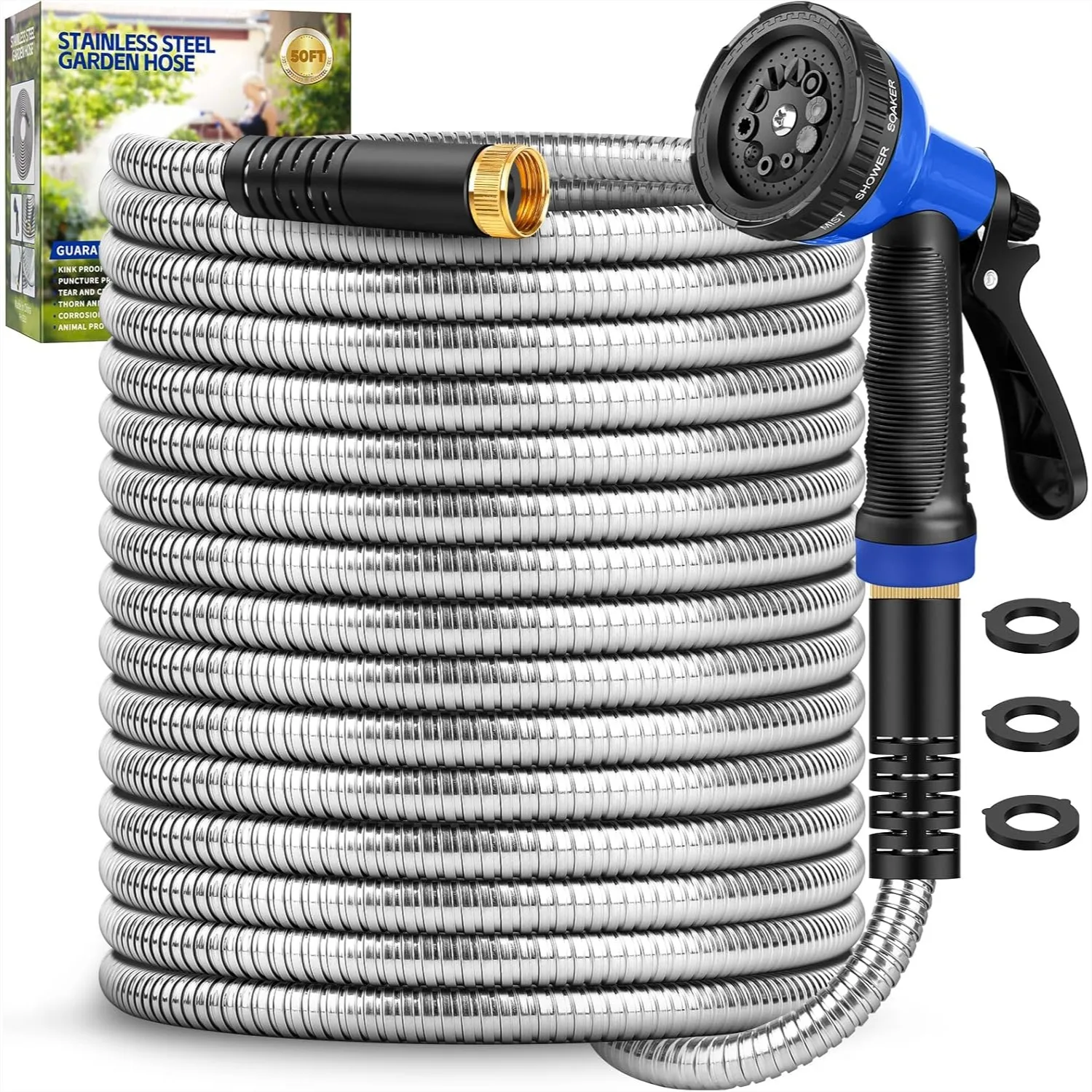 

Heavy Duty Garden Hose 50 ft, Stainless Steel Metal Water Hose with 10 Function Nozzle, Kink Free, Leak-Proof, Lightweight for