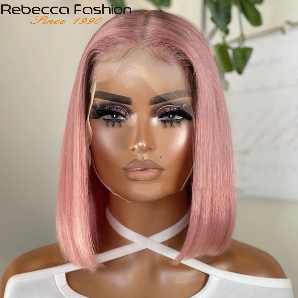 Ombre Pink Bob Wig Straight T Lace Front Human Hair Wigs For Women Short Bob Transparent Lace Wig Bleached Knots Pre Plucked