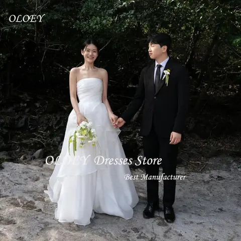 OLOEY Strapless Korea Princess Wedding Dresses 웨딩드레스 Organza Ivory Sleeveless Ruched Customized Pretty Bride Gowns Plus Size