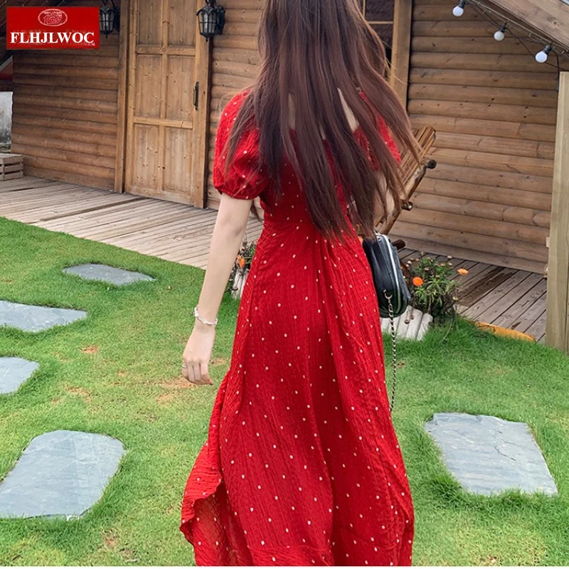 Ano novo natal vestidos vermelhos chique coreano feminino elegante senhora retro vintage longo maxi rendas de uma peça babados dot camisa vestido