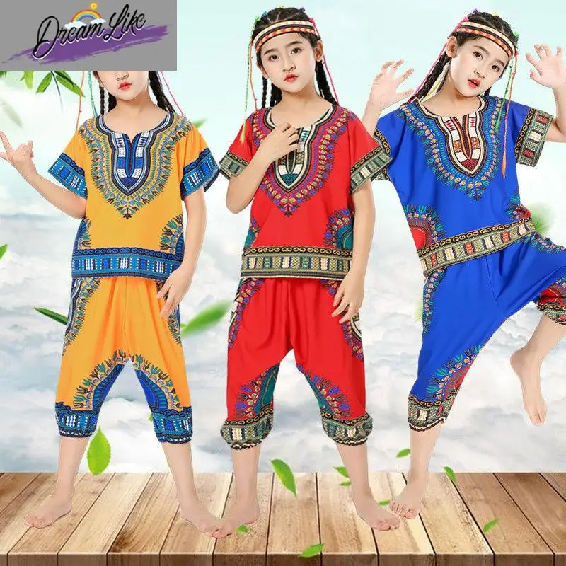 

Children's rican Drum Performance Costume Set Boys' Indian Dance Outfit Nationali Wild Man loween Indian Costume