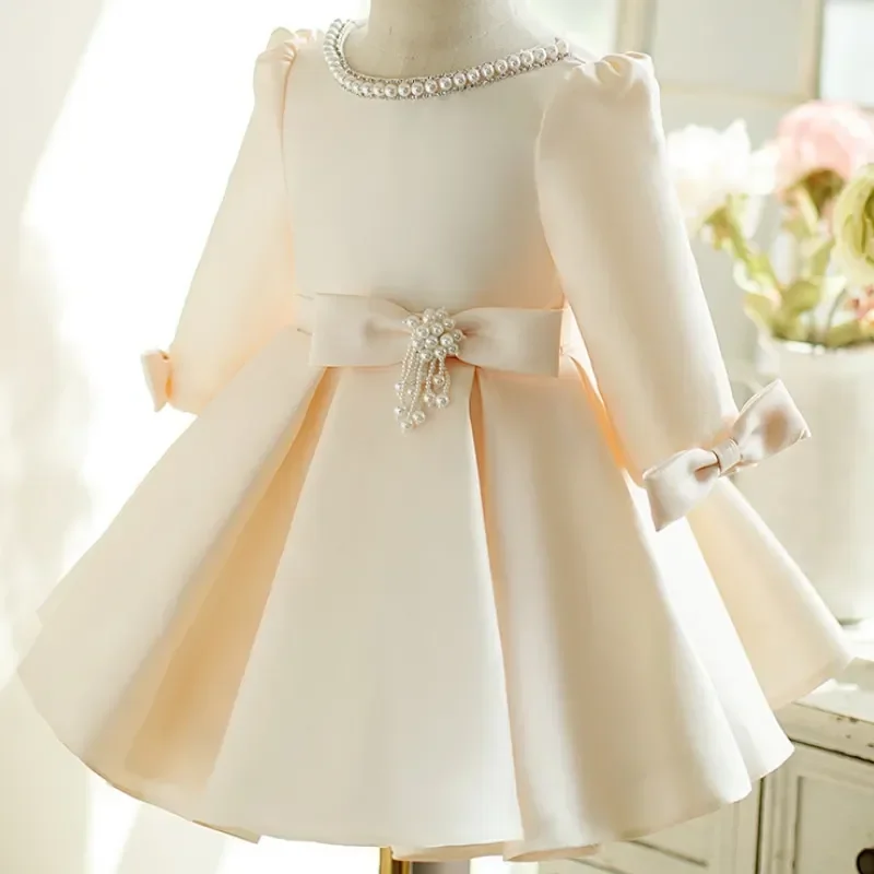 Newborn Girl Princess Pearl Dress Long Sleeve Infant Toddler Child Bow Vestido Wedding Party Birthday Baby Clothes 12M-14Y