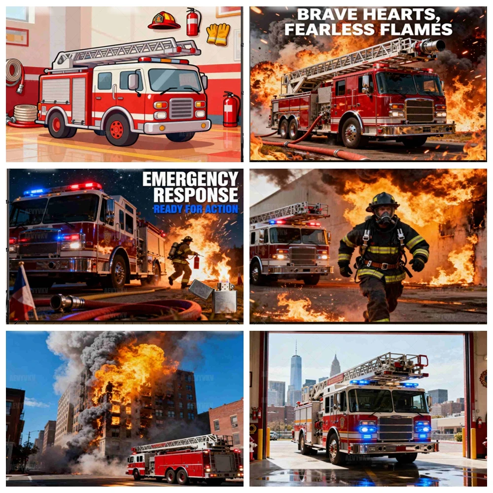 

Firefighter Rescue Action Scene Backdrop with Fire Truck and HD Flames for Photography Studio Video Shooting Background Props