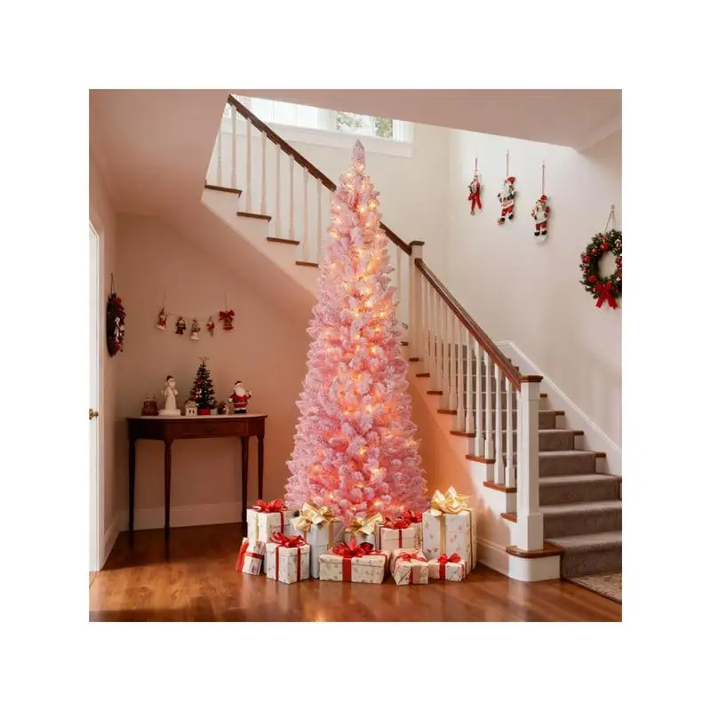 Розовая рождественская елка-карандаш длиной 7 футов с 527 наконечниками и 180 теплыми белыми светодиодами (8 режимов), огнестойкий материал ПВХ