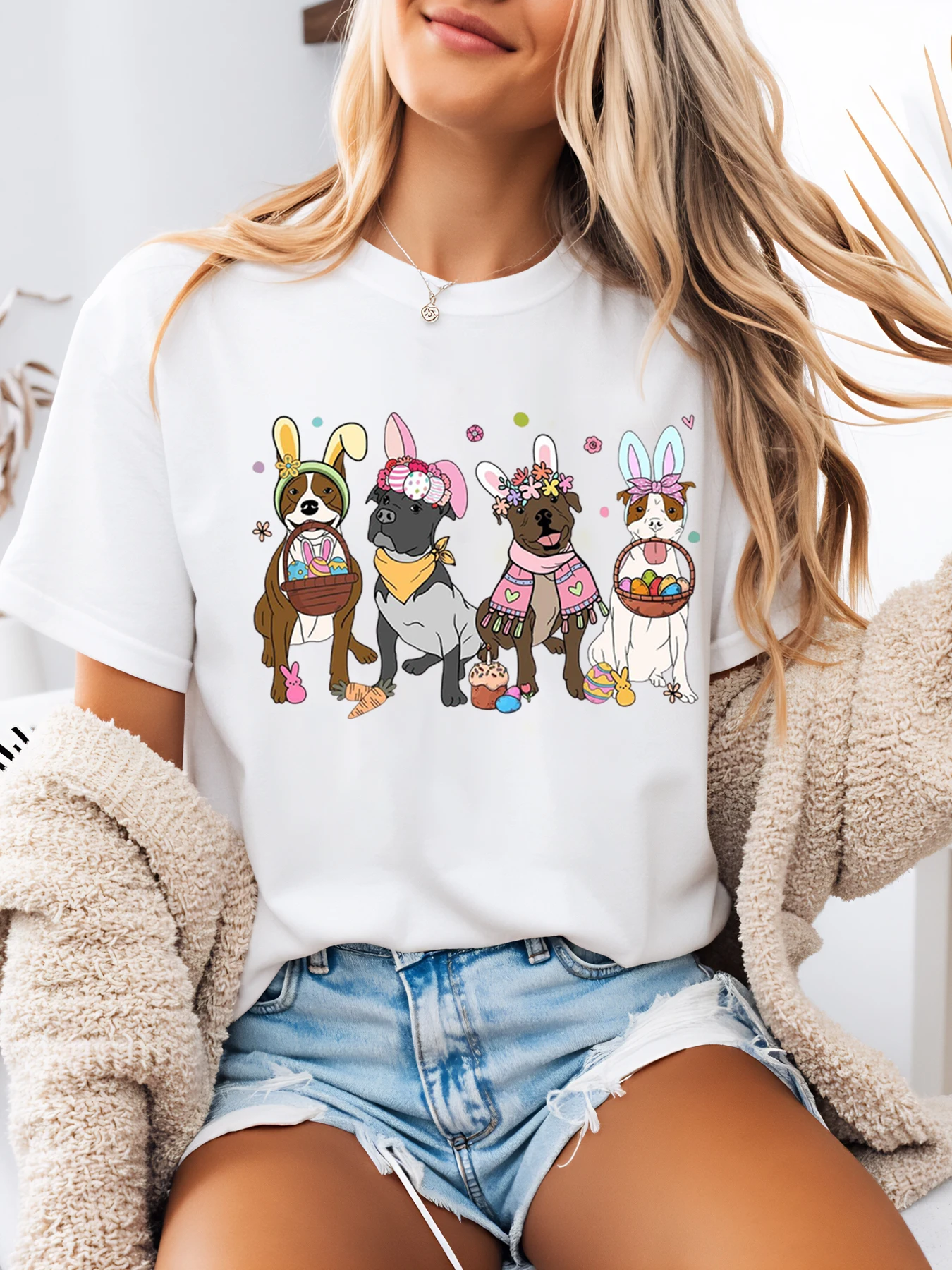 Easter Bunny Dogs Print T-Shirt Easter Women Casual Wear White Plus-Size