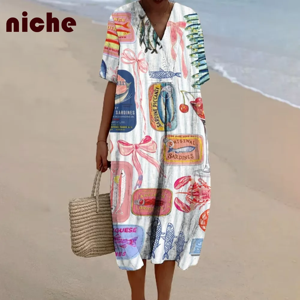 

Y2k Style Women's Dress Bow Animal Graphic Printing Loose V-Neck Beach Skirt High Quality Fabric 2024 Trendy New