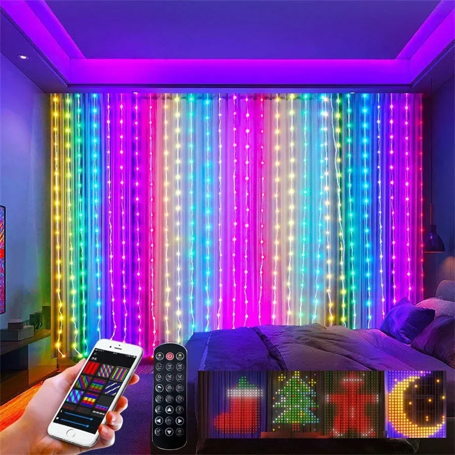 Smart  APP LED Curtain Light DIY Dynamic Pattern Curtain String Light with Remote 3X3M 400 LED Outdoor Party Backdrop Garland