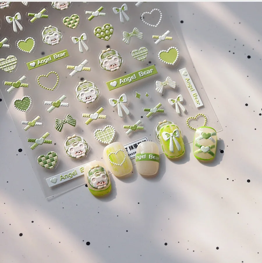 Cartoon Ribbon Bowknot 5D Nail Art Stickers Tie Knot Angel Bear Heart Lovely Embossed Reliefs Self Adhesive Cute Manicure Decals