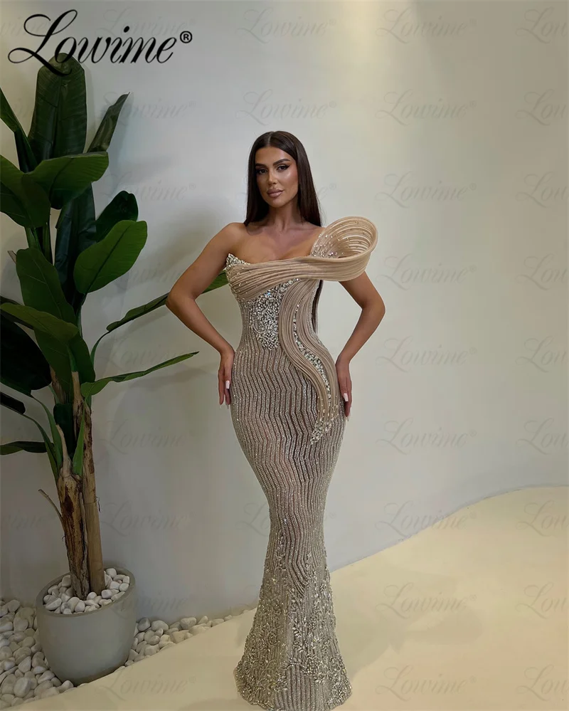 Customized Champagne Evening Dresses Strapless Party Engagement Gowns Aso Ebi Crystals Beaded Mermaid Prom Dress Robe De Soiree