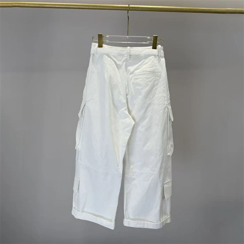 New autumn style pure cotton washed multi-pocket cargo pants, high-quality fashionable casual mid-waisted wide-leg rolled-up hem