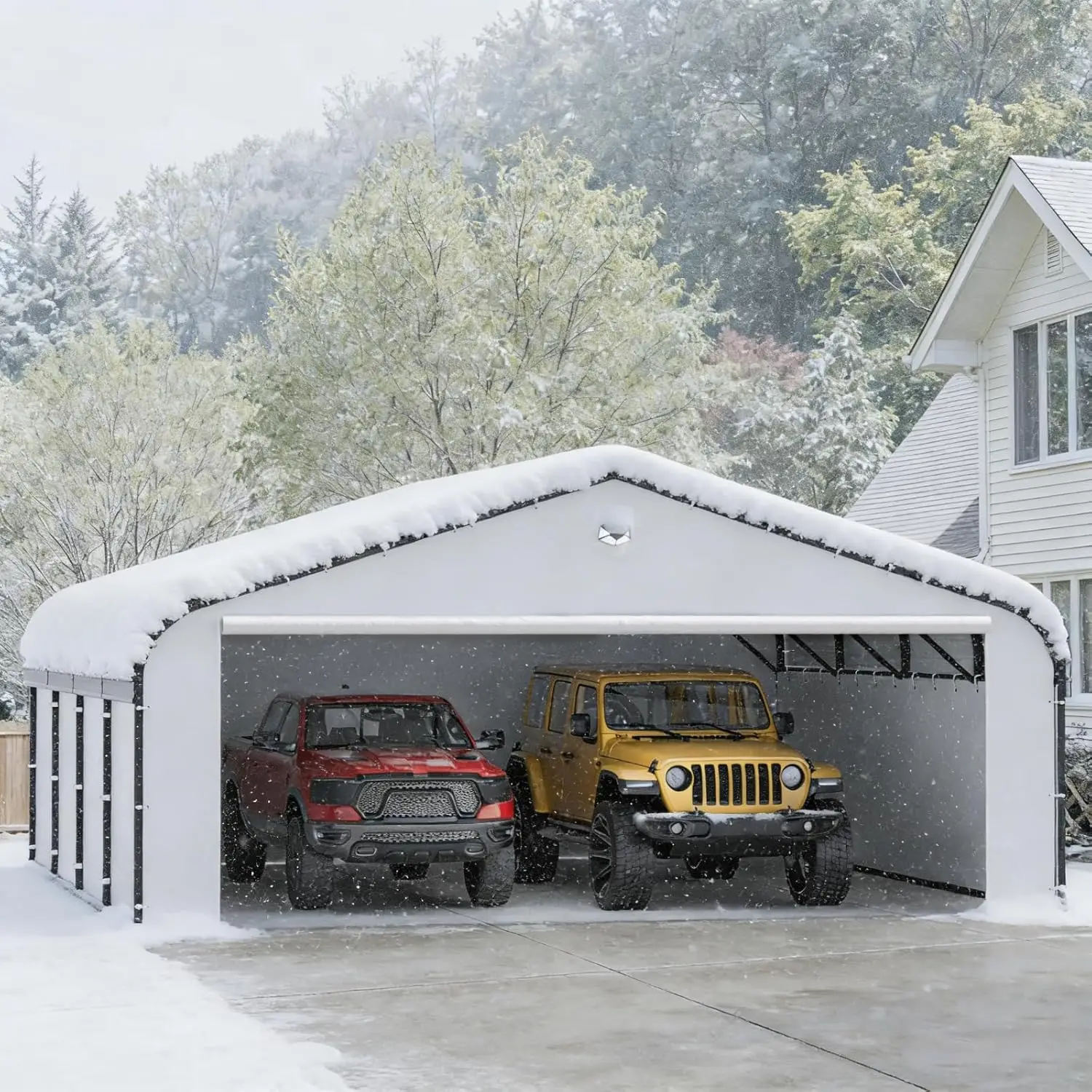 

Навес-гараж 20x20 для 2 автомобилей, усиленный, с съемными боковыми стенками из полиэтилена, оцинкованная стальная крыша, на заказ