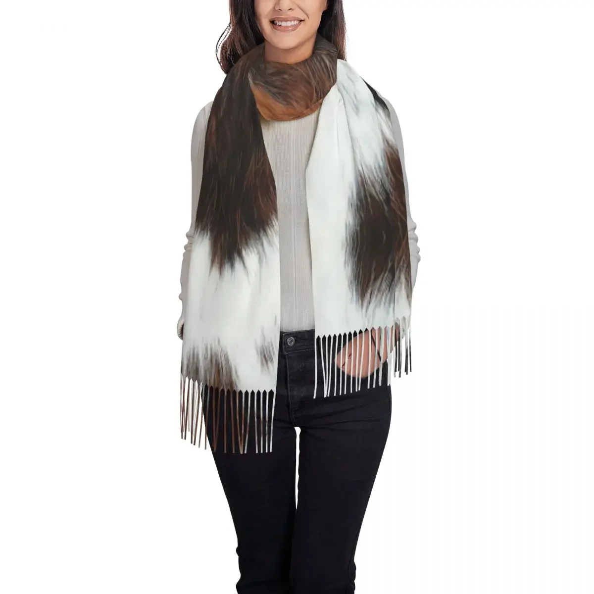 Scottish Highland Cow Cowhide Texture Tassel Scarf Women Soft Animal Hide Leather Shawl Wrap Female Winter Scarves