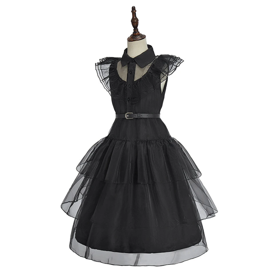 All Saints' Day Children Dark Addams Belt Decoration Princess Cosplay Dress Gothic Style Suitable for Role Play and Performance