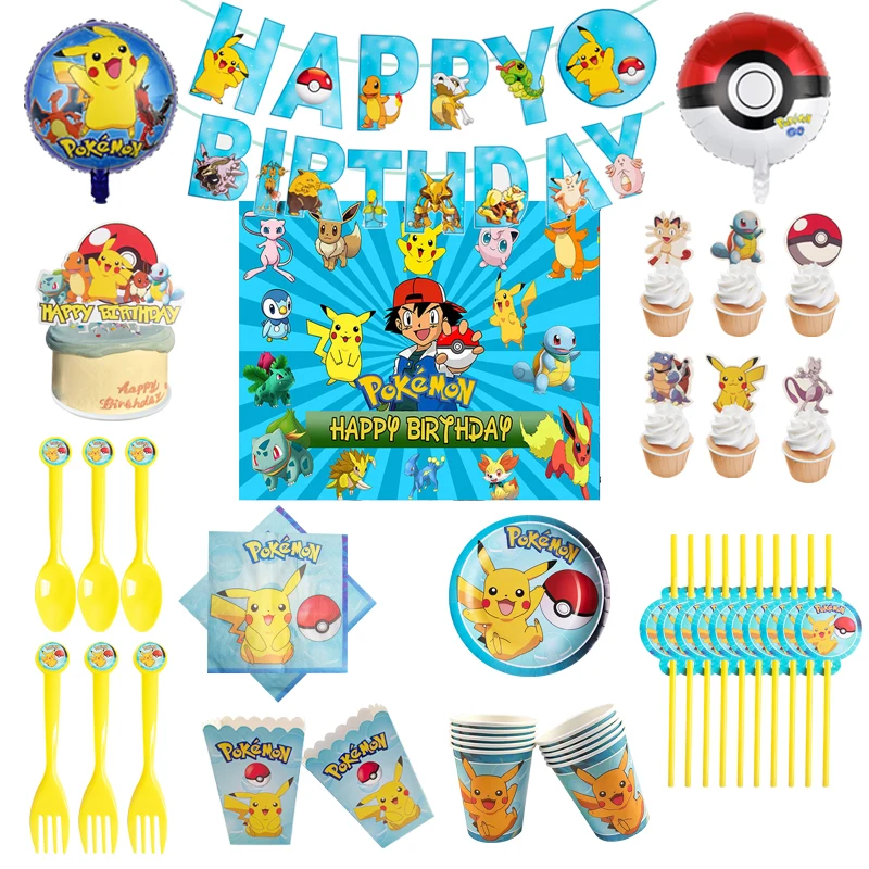 High Quality Pokemon Cartoon Pikachu Birthday Party Disposable Tableware Set Balloon Decoration Baby Shower Background Cup Bag