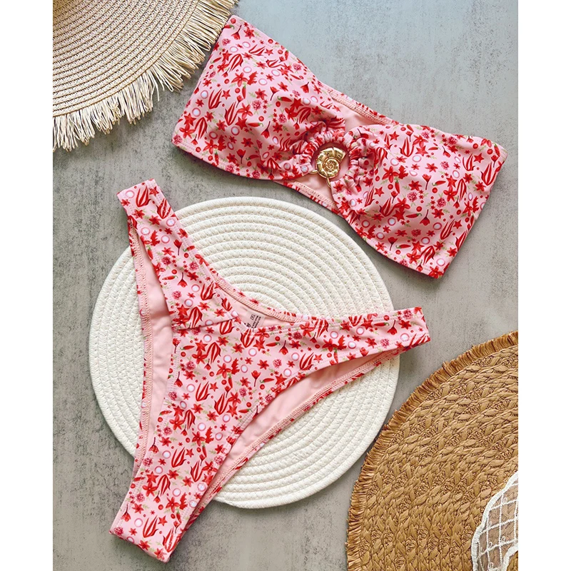 

Printing High Waist Bikini Swimsuit Women Sexy Hollow Out Strapless Thong Bikini Set Summer 2025 New Beach Bathing Suit 2 Piece