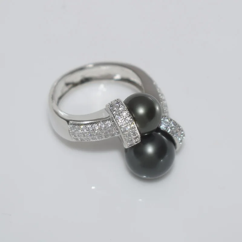 Original Design Round Shape Black Freshwater Pearl 925 Silver Micro Zircon Resizable Rings for Women Vintage Fine Jewelry Gift