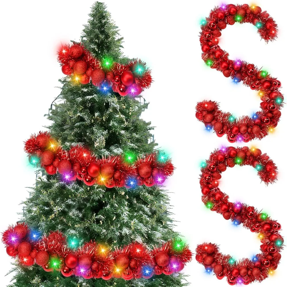 

Christmas Ball Garland with Lights Shatterproof Xmas Tree Ornaments Decor for Indoor Outdoor Stairs Wall Mantle Door