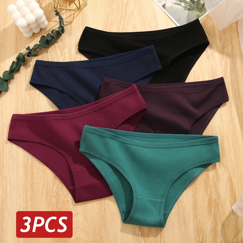 3PCS/Set Women Waffle Cotton Panties Sexy Low Rise Briefs Cotton Soft Underwear for Female Solid Color Intimates Lingerie S-XL