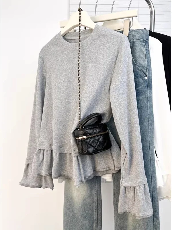 Ladies Grey Long Sleeve T-Shirt Flared Sleeve Commute Style Korean Version Loose Fit round Neckline Casual Top plus Size