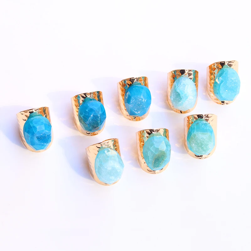 Irregular Natural Stone Geode Agate Slices Open Rings for Women Boho Resizable Ring Jewelry