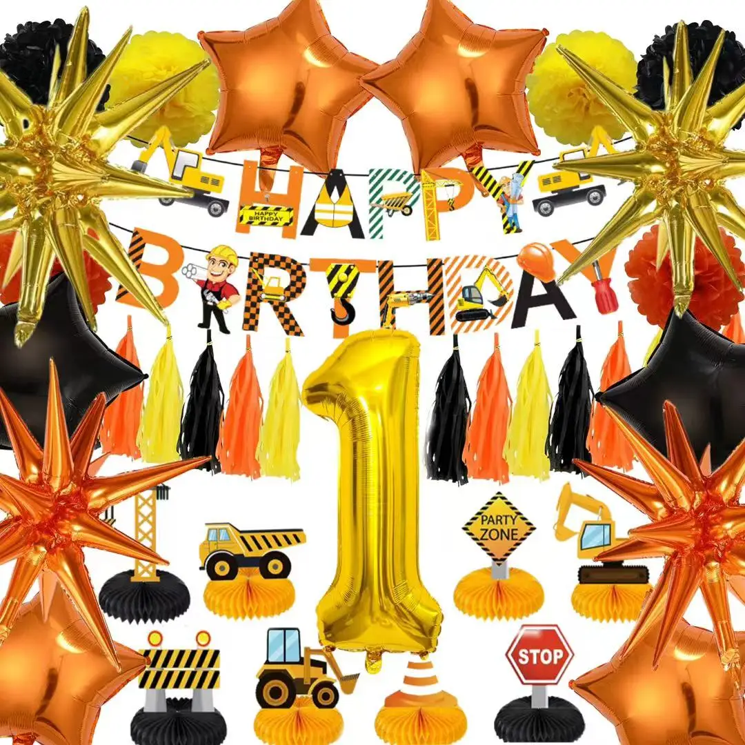 

Тематический набор инженерных транспортных средств, флаг, бумажный цветочный шар, кисточка, цифровое 1, подвесное украшение, орнамент инженерного автомобиля