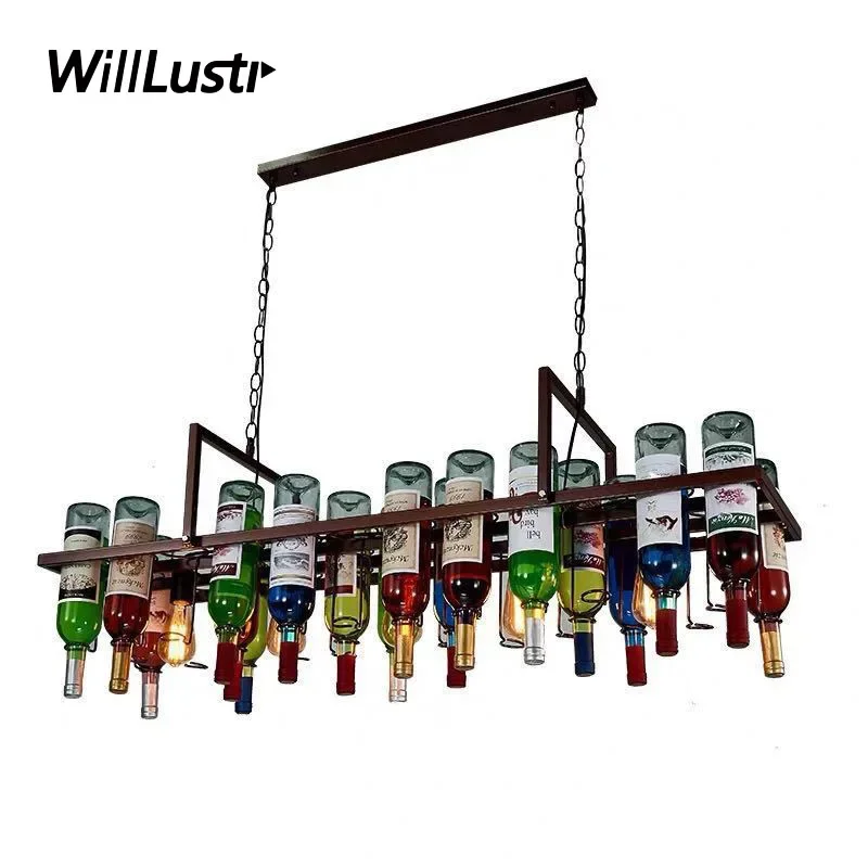 Retro Wine Bottle Suspension Light Industrial Glass Pendant Lamp Hotel Bar Loft Cafe Bistro Iron Hanging Ceiling Chandelier