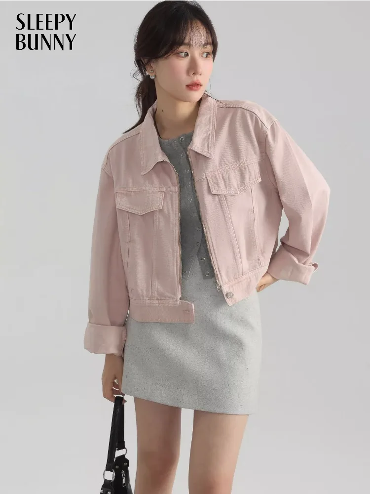 

Chic Elegant Casual Pink Cropped Denim Jacket Slim Short Outerwear with Lapel Small Size Gentle Style Fashion Coat Women Autumn