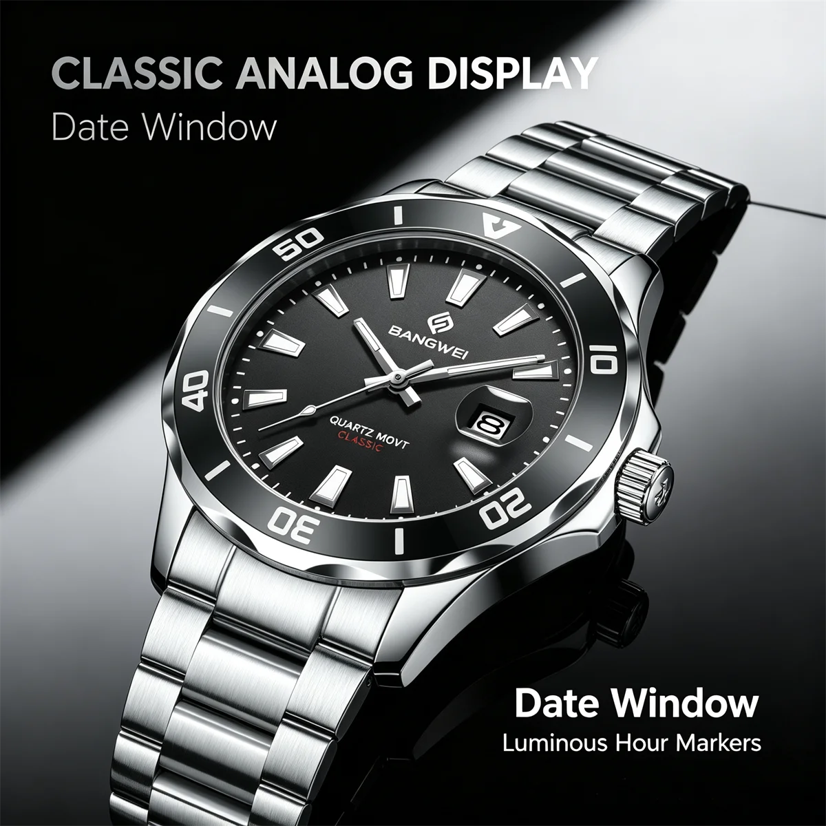 BANGWEI Classic Luxury Men's Quartz Watches Stainless Steel Date Man Watch Waterproof Luminous Fashion Business Male Wristwatch