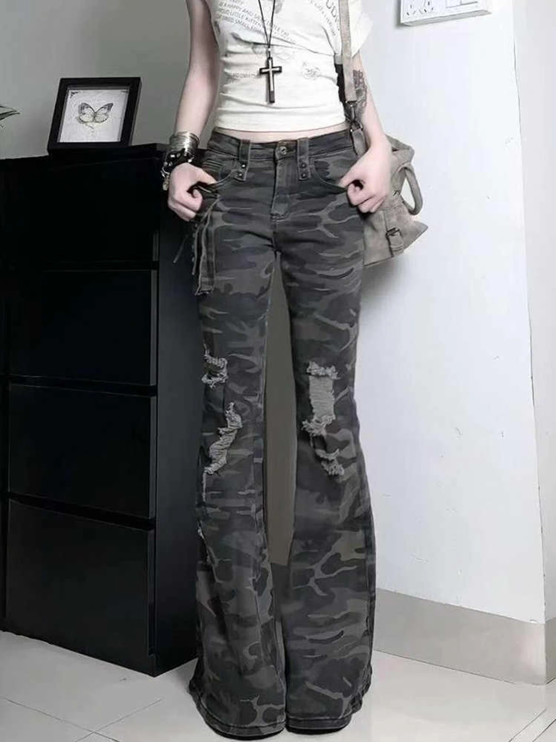 

Женские расклешенные джинсы Y2k, винтажные джинсы-карго с низкой талией в стиле Харадзюку, длинные брюки, джинсовые брюки в японском стиле 2000-х годов, одежда оверсайз
