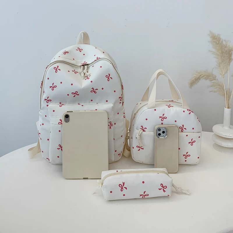 Conjunto de mochila bonita y sencilla con bolso, estuche para lápices, mochila con lazo de nailon Kawaii, mochila escolar para ordenador portátil para niña, estudiante y adolescente, 3 uds.