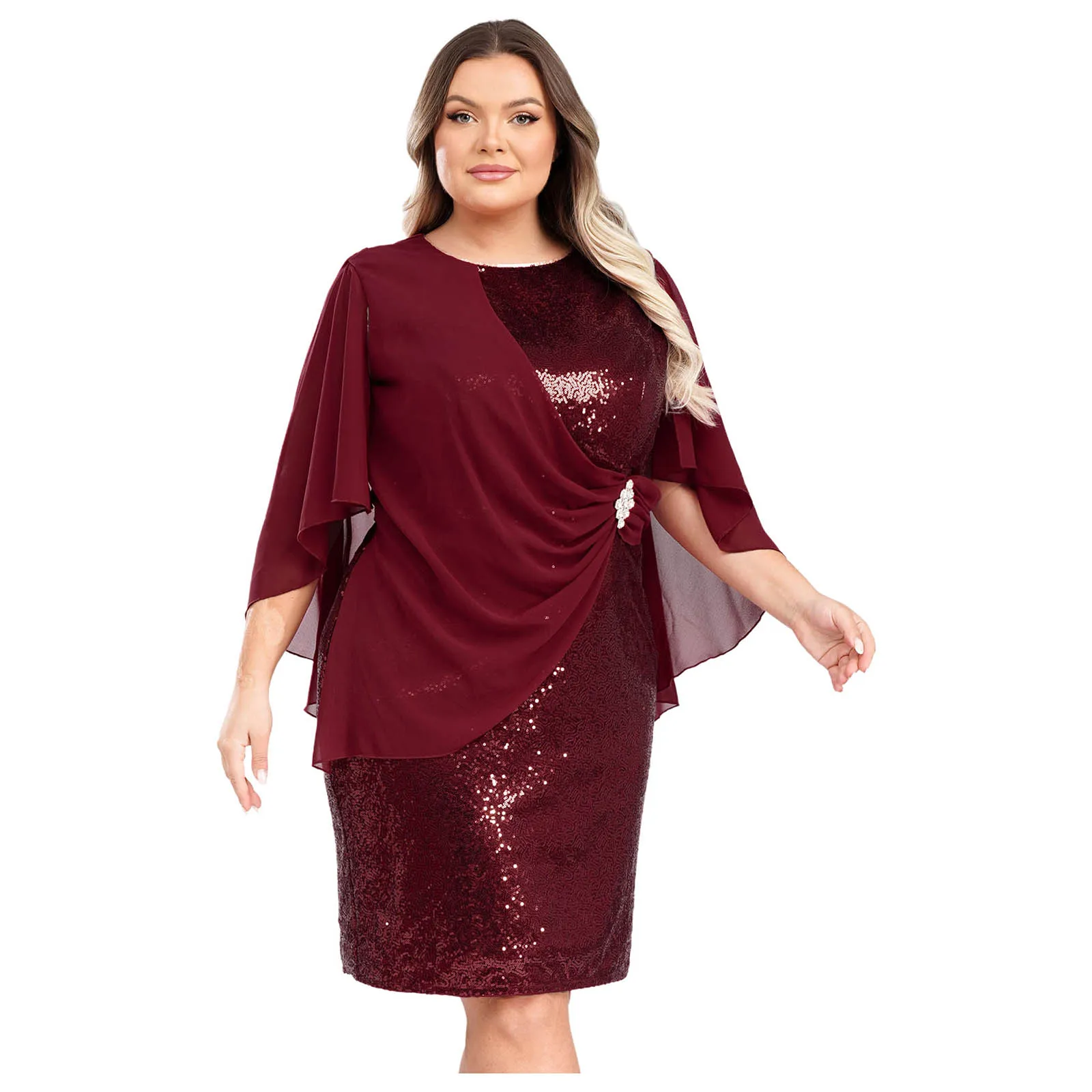 فستان حفلة موسيقية أنيق للنساء فساتين حفلات مطرزة بالترتر مع ثوب كيب شيفون أنيق للولائم وحفلات الزفاف وحفلات الكوكتيل